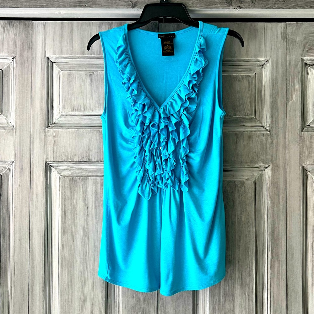 Beautiful Blue, Sleeveless, Ruffle Collar Top.